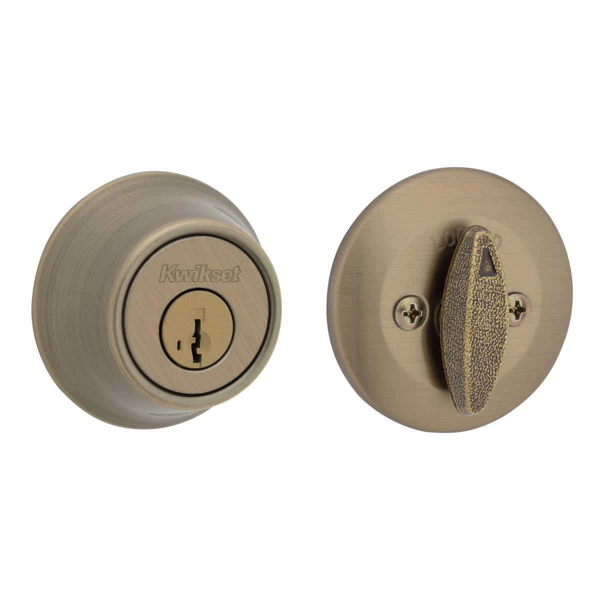 Kwikset 660 antique brass deadbolt on exterior rounded round-front entry door.