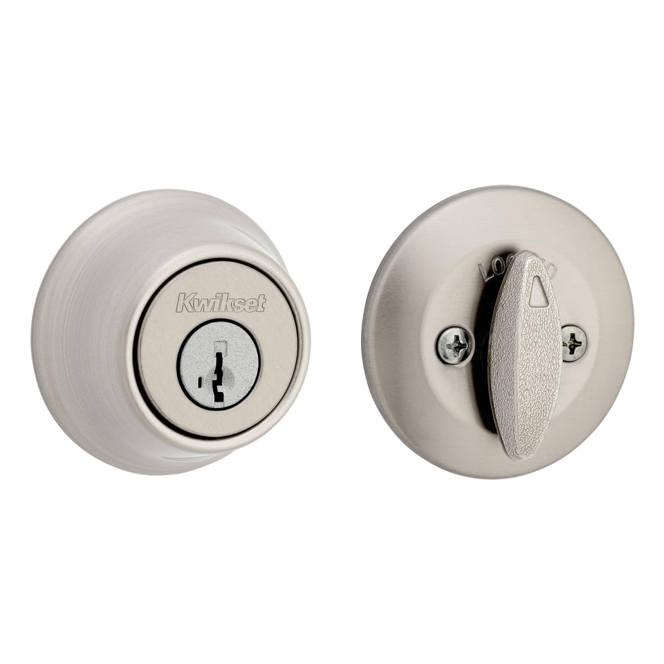 Kwikset 660 exterior keyed deadbolt on front door for secure entry.