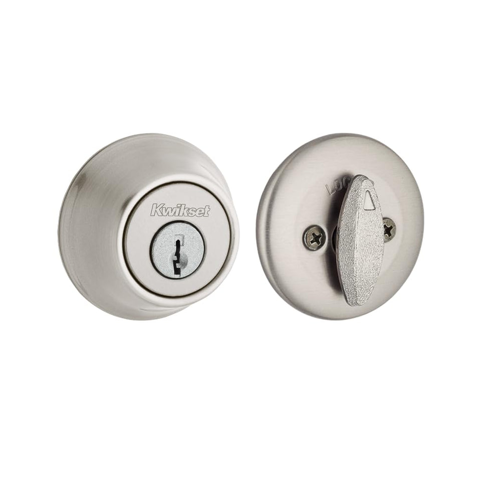 Kwikset 660 deadbolt exterior keyed entry on a front door for secure access.