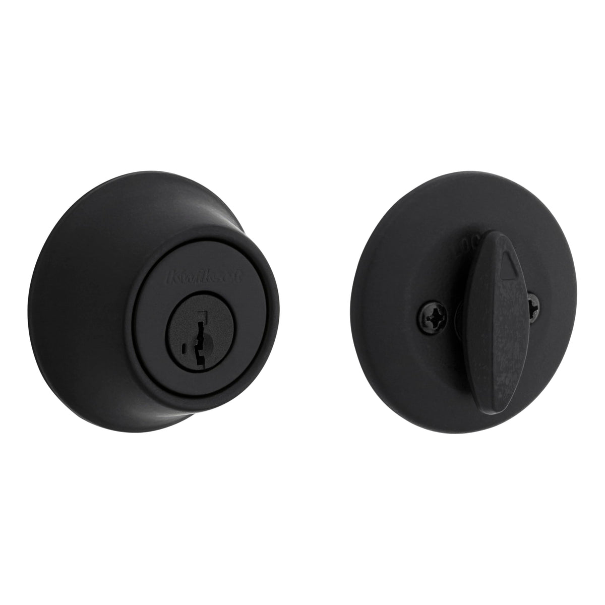 Kwikset 660 matte black deadbolt on a front door for secure entry.