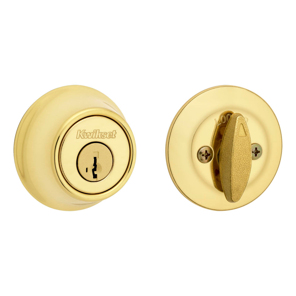 Kwikset 660 deadbolt exterior in polished brass for secure exterior entry.