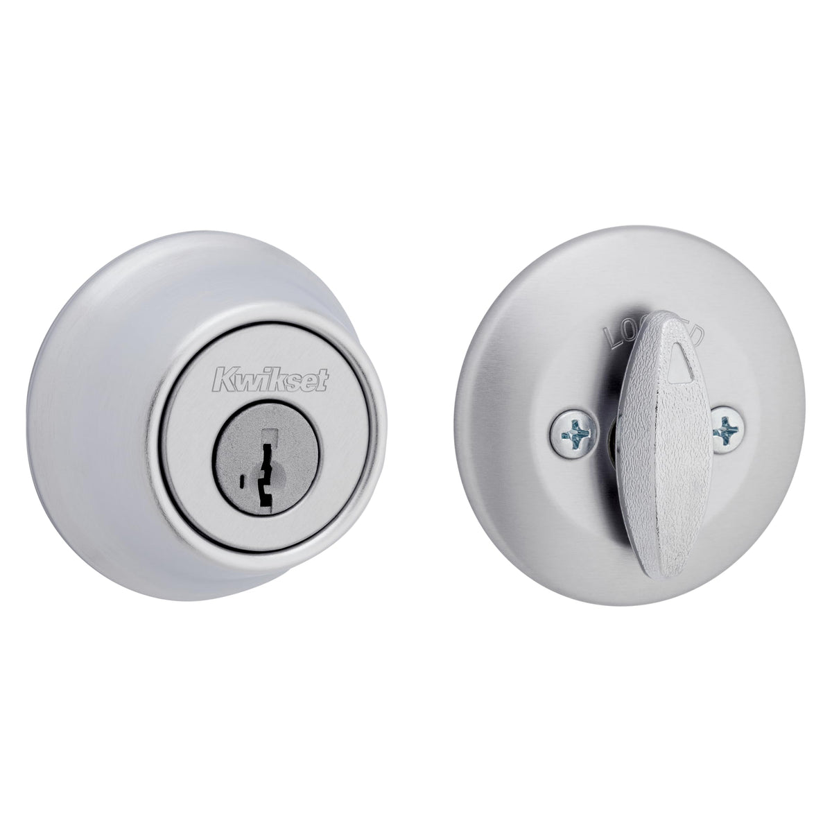 Kwikset 660 satin chrome round exterior deadbolt on a front door, enhanced exterior security.