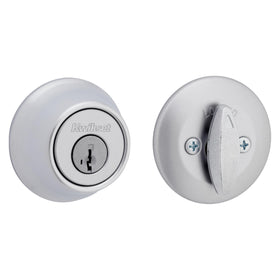 Kwikset 660 satin chrome round exterior deadbolt on a front door, enhanced exterior security.
