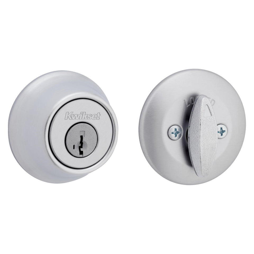 Kwikset 660 satin chrome round exterior deadbolt on a front door, enhanced exterior security.