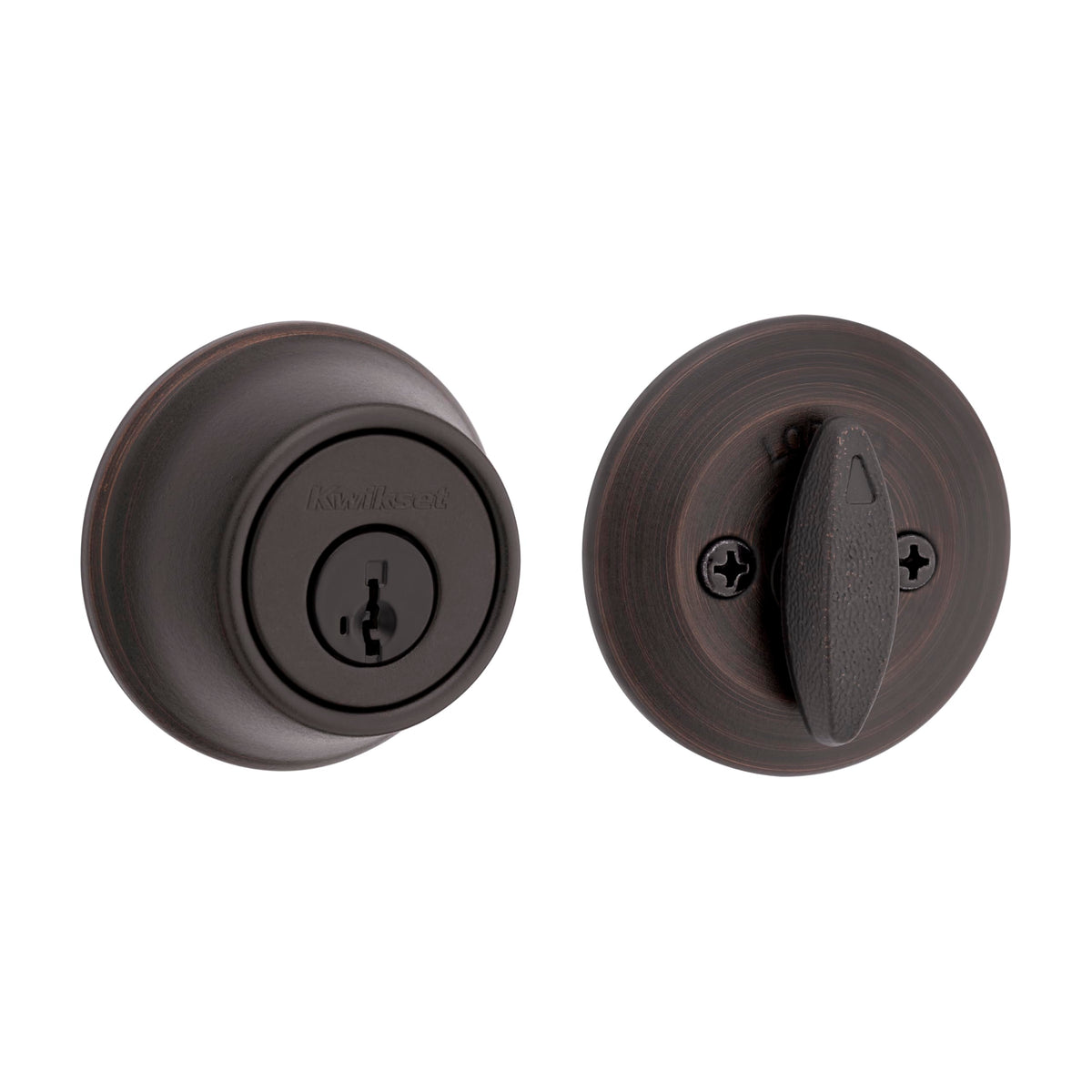 Kwikset 660 deadbolt in Venetian Bronze secures the front door with reliable protection.