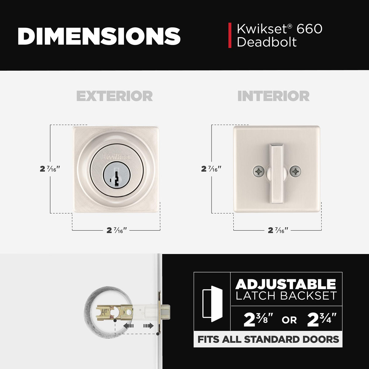 Kwikset 660 adjustable latch for standard doors, reliable alignment.