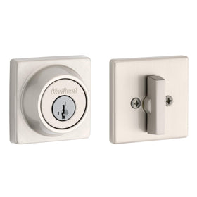 Kwikset 660 exterior lock on square front door, reliable security.