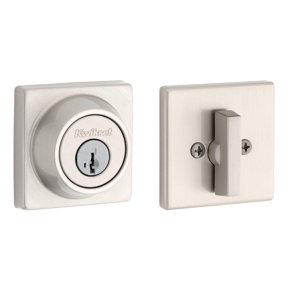 Kwikset 660 exterior lock on square front door, reliable security.