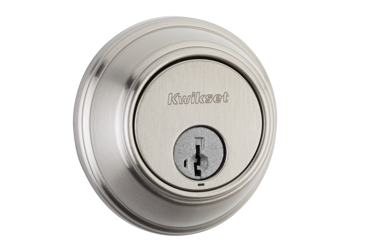 Kwikset 816 exterior key control deadbolt in satin nickel for secure front entry.