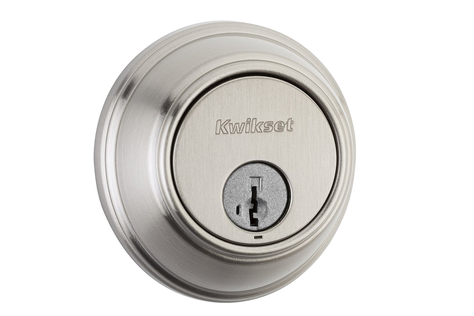 Kwikset 816 exterior key control deadbolt in satin nickel for secure front entry.