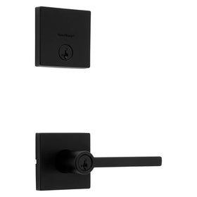 Kwikset 991 Halifax lever in matte black providing secure keyed entry for exterior doors.