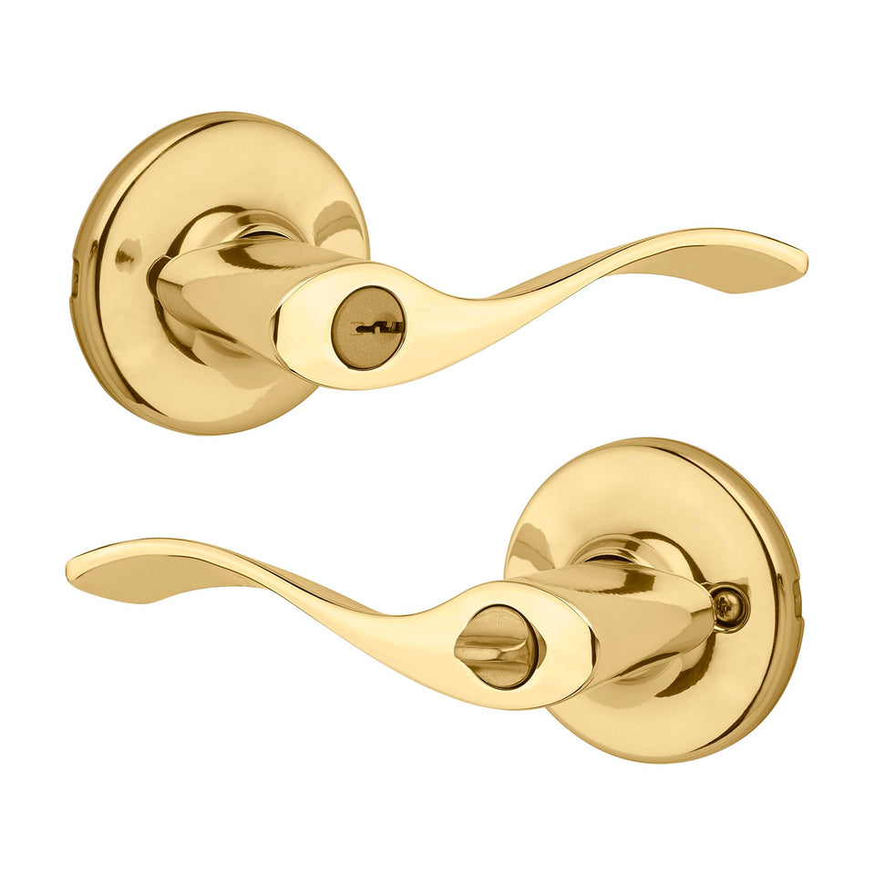 Kwikset Balboa entry door handle with polished brass exterior, front view