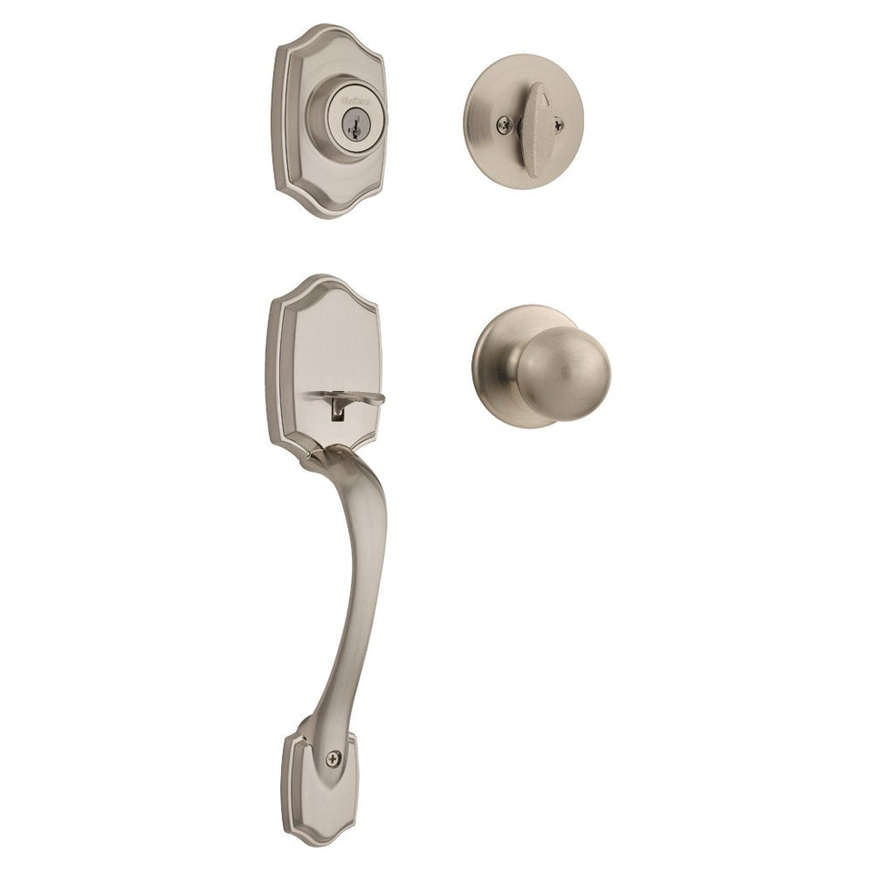 Kwikset Belleview front door handle and exterior lock showing secure entry