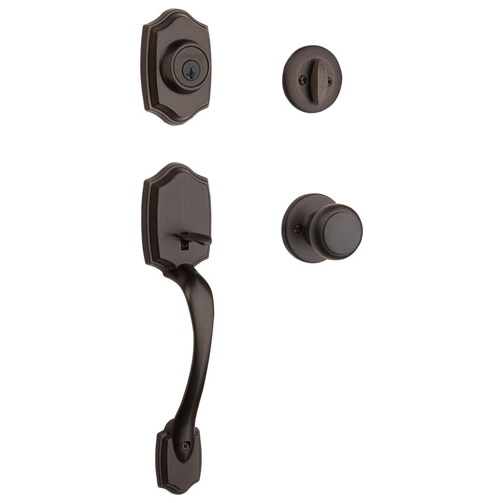 Kwikset Belleview front door lock handle set on exterior, enhances curb appeal and security