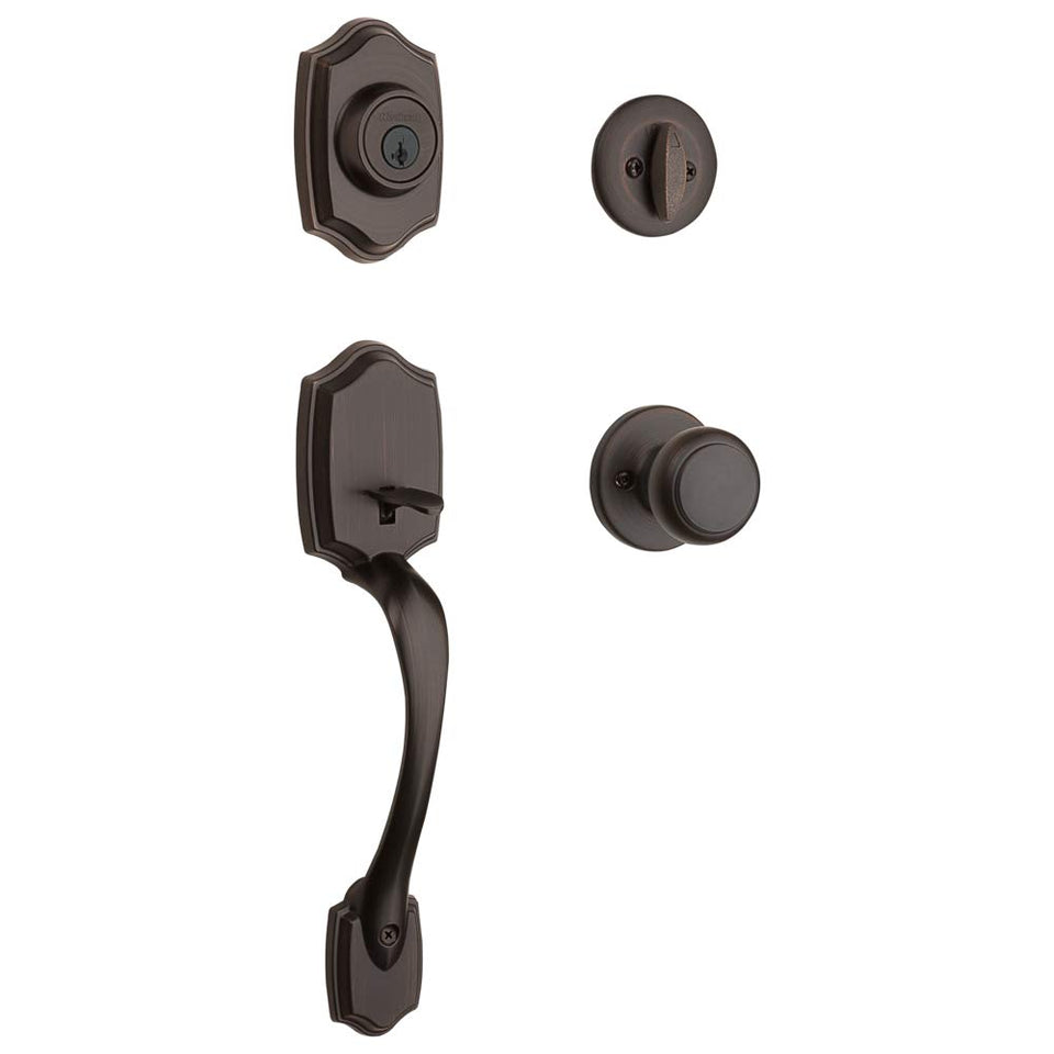 Kwikset Belleview front door lock handle set on exterior, enhances curb appeal and security