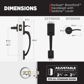 Kwikset Brentford adjustable latch fits 2-3/8 and 2-3/4 backsets.