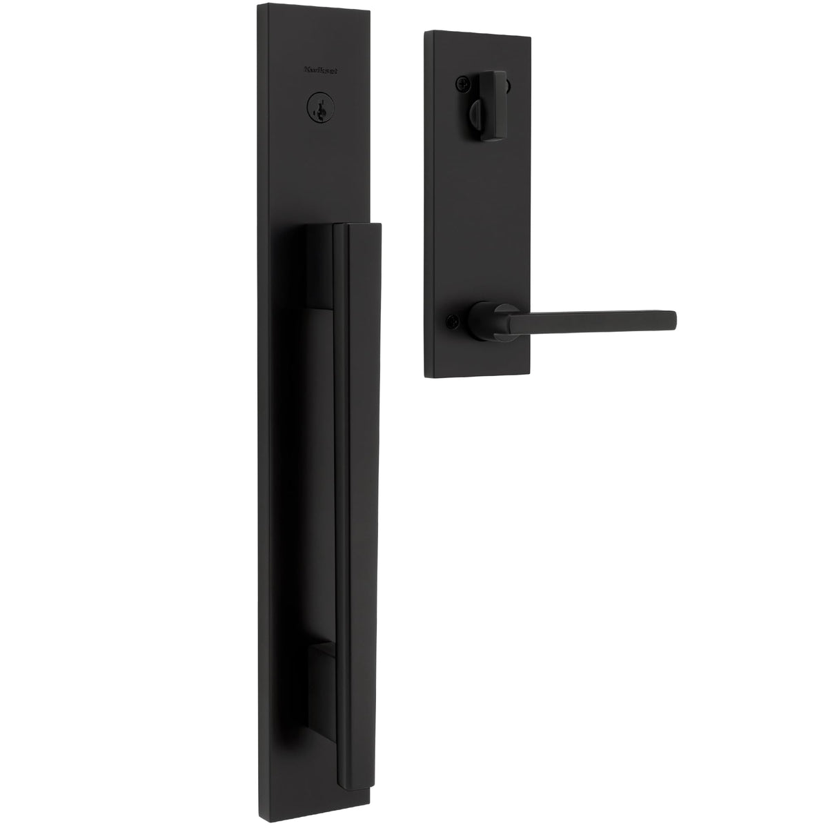 Kwikset Caerus front door lock set with KwikSlide in matte black finish