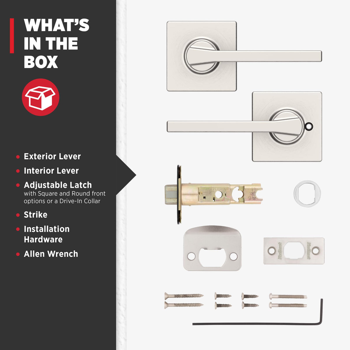 Kwikset Casey box contents: lever, latch, rosette, screws, wrench