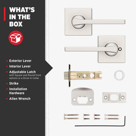 Kwikset Casey box contents: lever, latch, rosette, screws, wrench