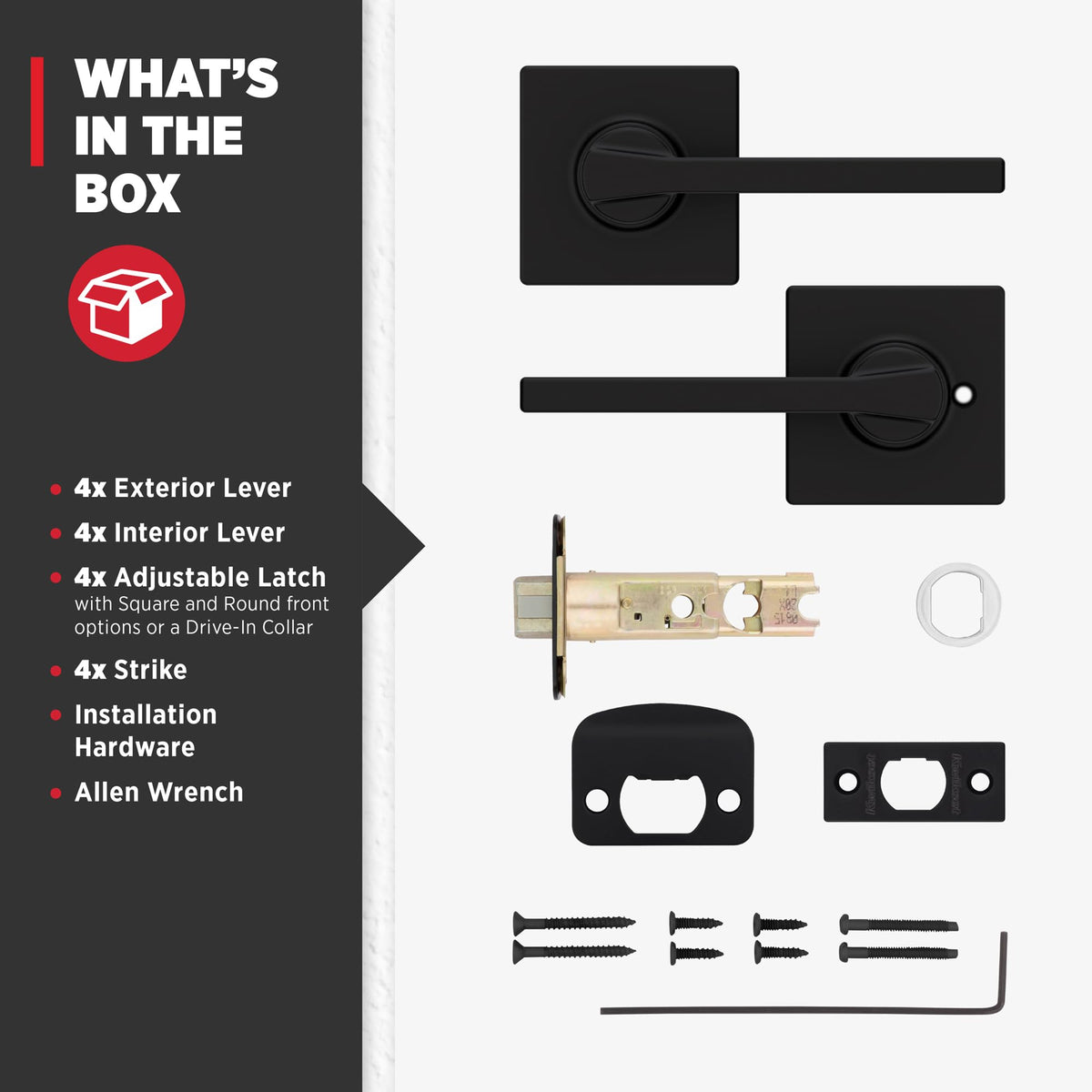 Box includes four passage levers with rosette, screws, and Allen wrench
