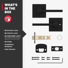 Box includes four passage levers with rosette, screws, and Allen wrench