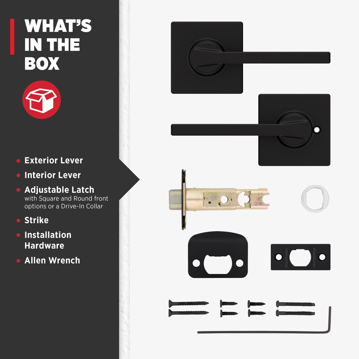 Kwikset Casey door hardware package with screws and rosette included.