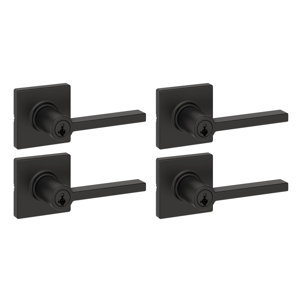 Kwikset Casey front-view lever in matte black shown on a modern exterior door for enhanced curb appeal