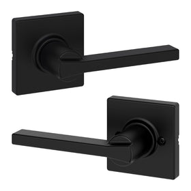 Kwikset Casey interior passage lever in matte black for closets and hallways.