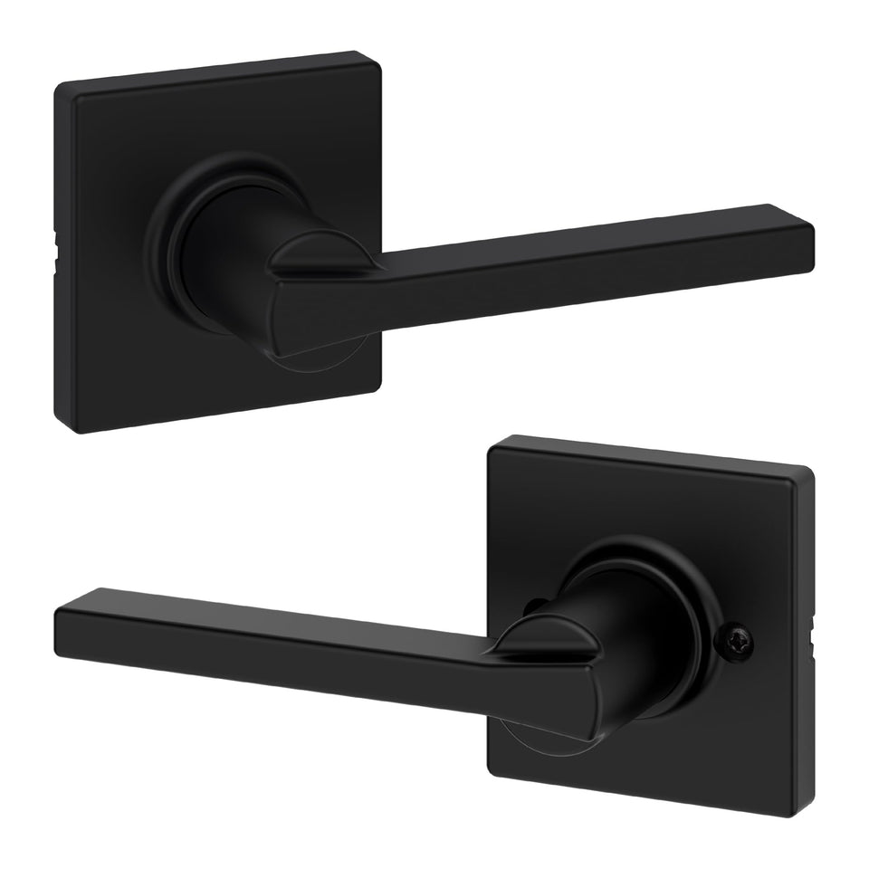 Kwikset Casey interior passage lever in matte black for closets and hallways.