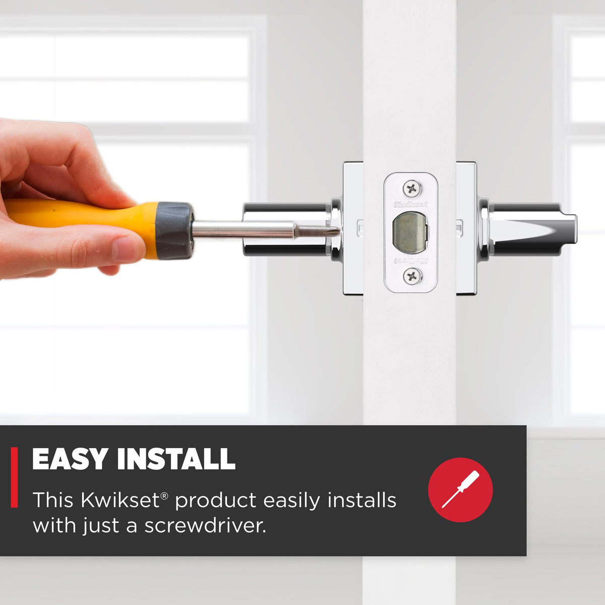 Kwikset Casey polished chrome hardware highlighting modern rosette design.