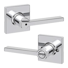 Kwikset Casey privacy lever close-up with polished chrome finish for bedroom or bathroom use.