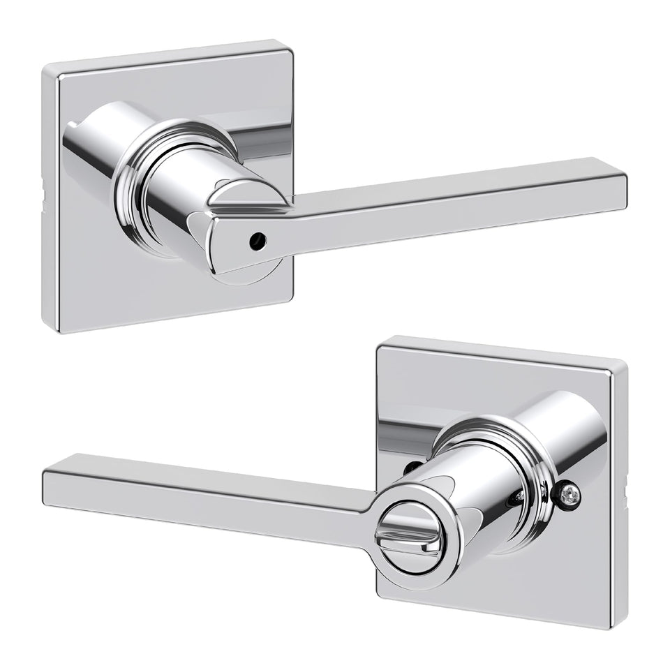 Kwikset Casey privacy lever close-up with polished chrome finish for bedroom or bathroom use.