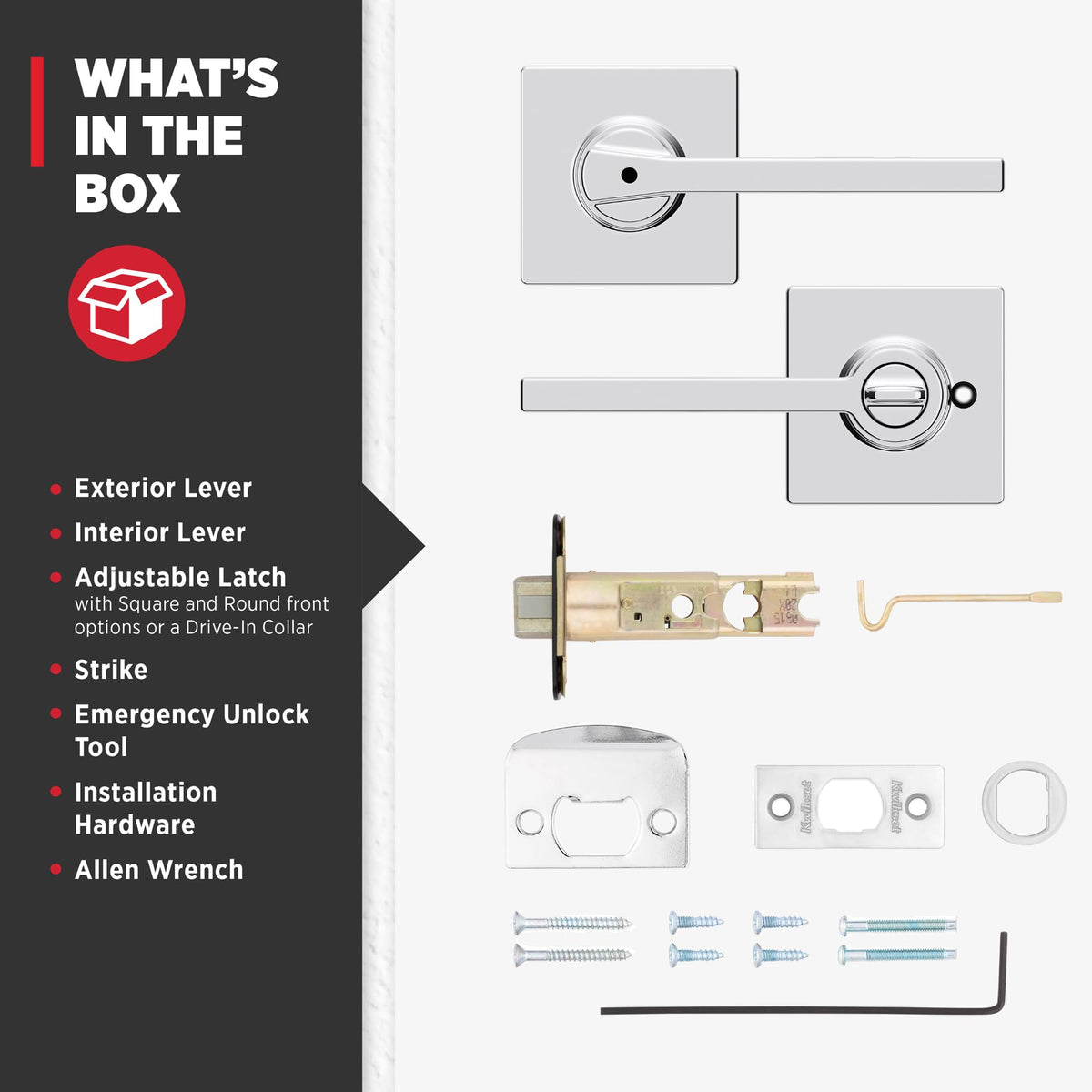 Kwikset Casey rosette, screws, and allen wrench for simple installation.