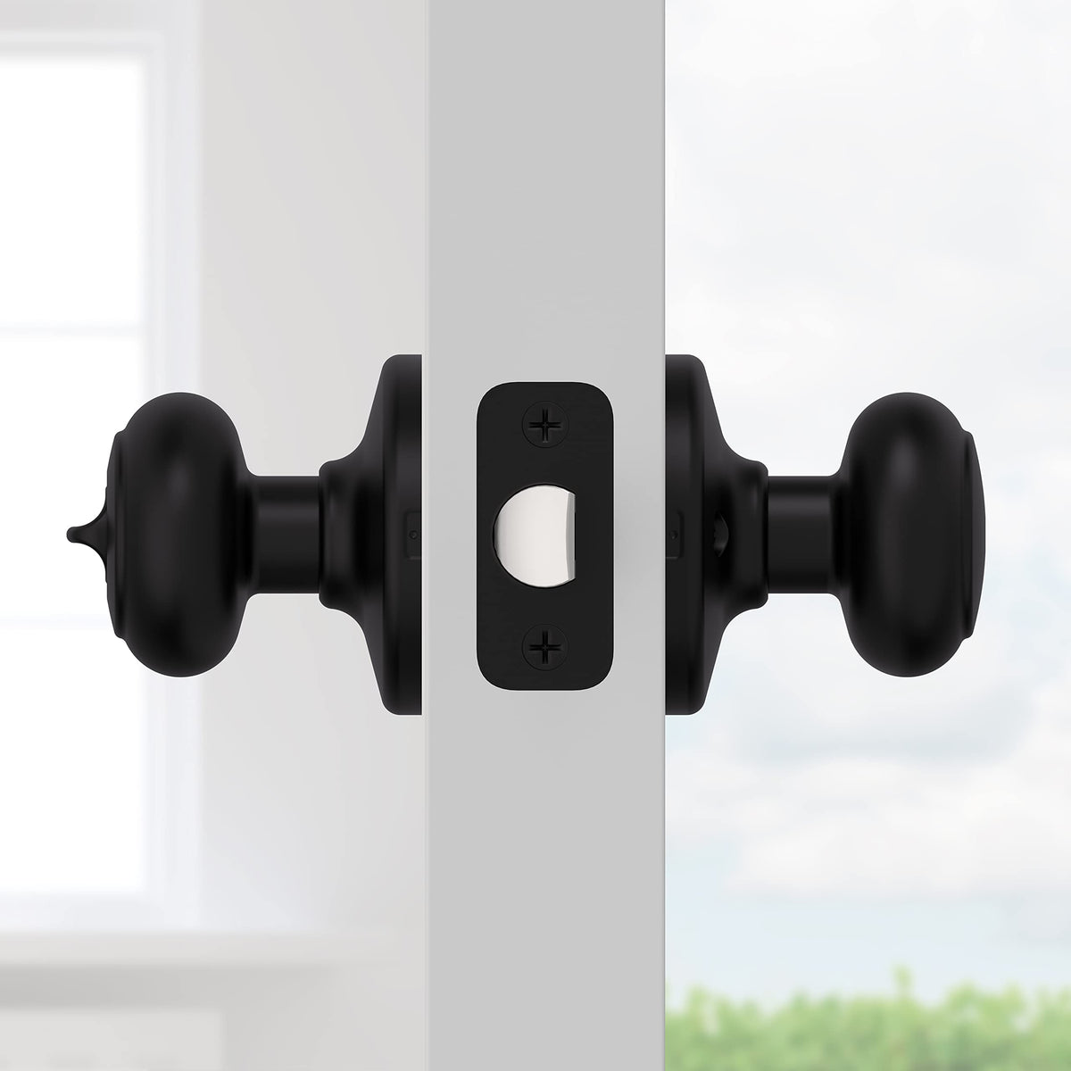 Kwikset Cove matte black finish close-up on privacy door knob