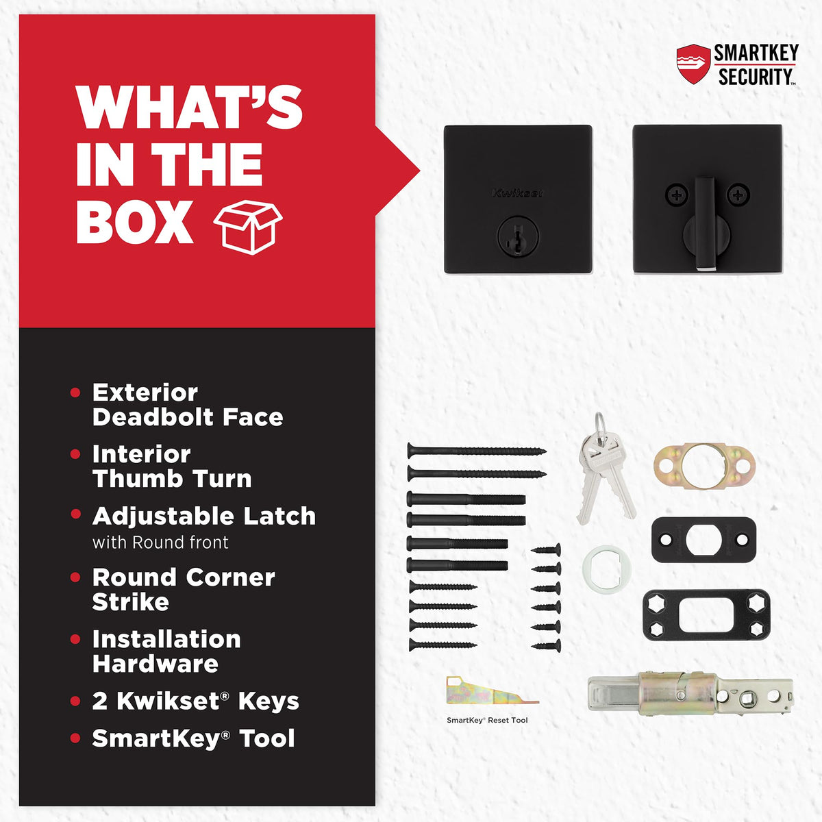 Kwikset deadbolt installation kit includes screws and strike plate.