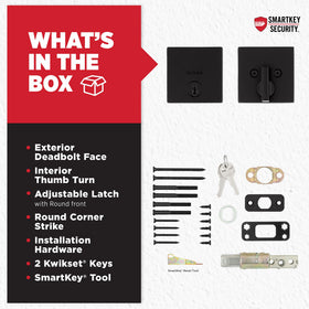 Kwikset deadbolt installation kit includes screws and strike plate.
