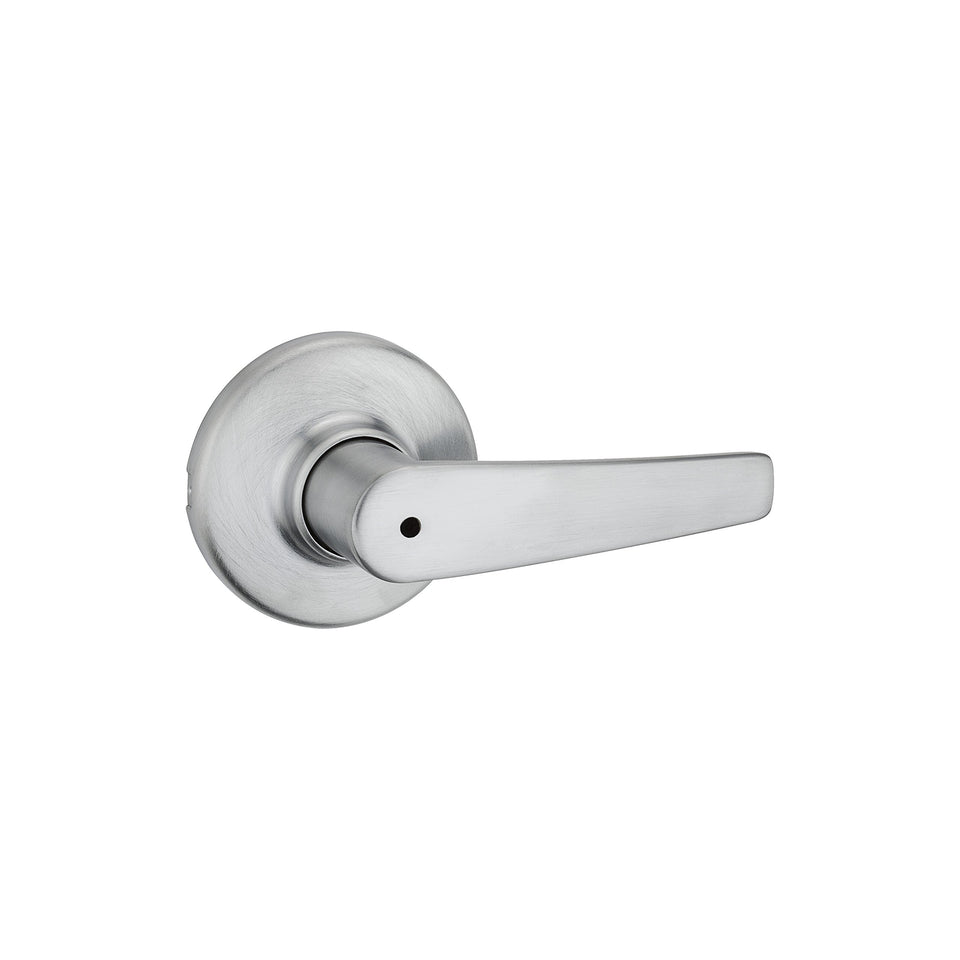 Kwikset Delta interior privacy door handle with satin chrome finish for bedroom and bathroom privacy