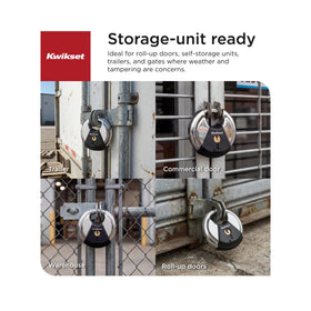 Kwikset Discus padlock with covered keyway protects against moisture and dirt.