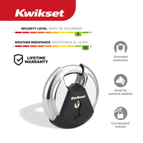 Kwikset Discus padlock shows a fully shrouded shackle for added security.