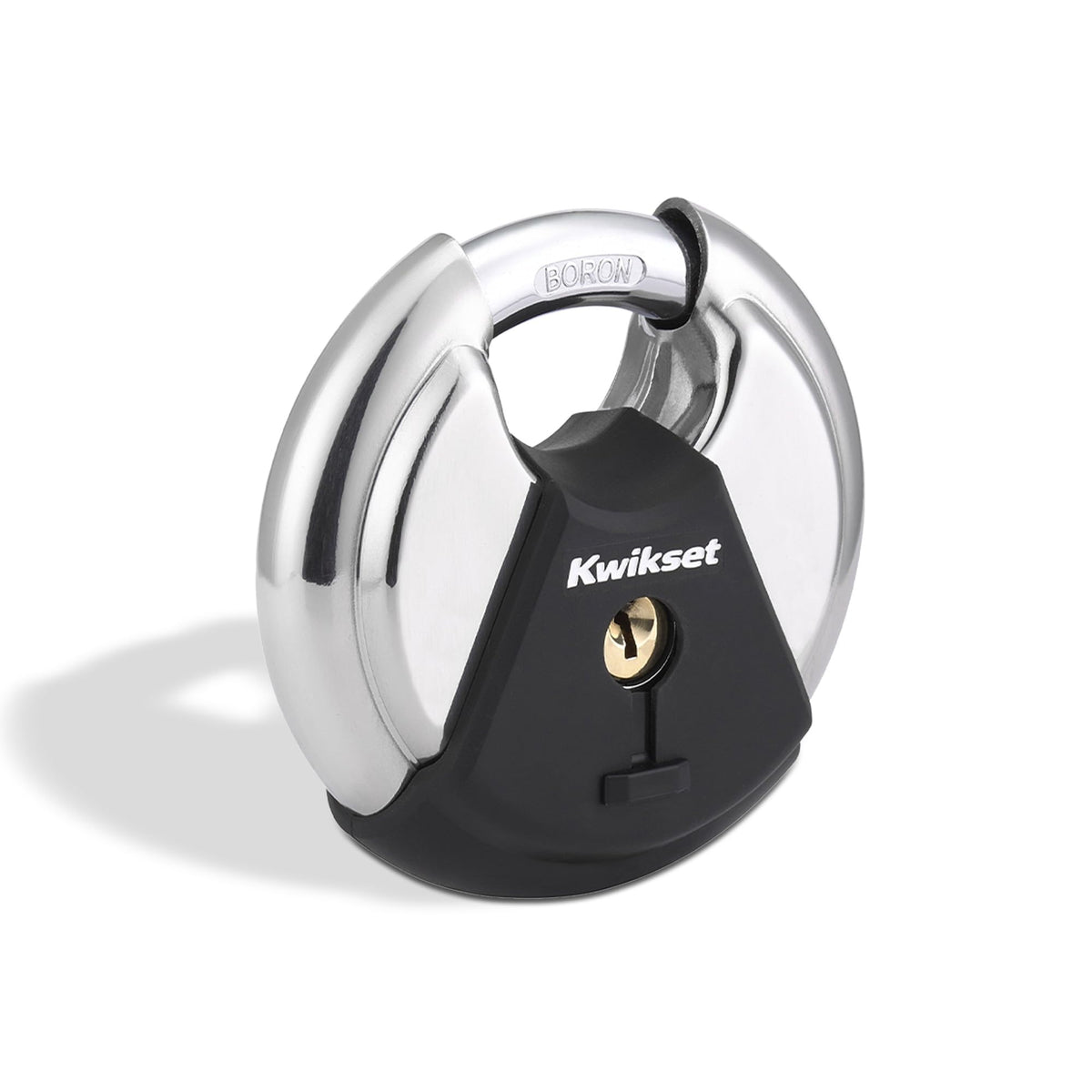 Kwikset Discus padlock with polished stainless body provides weather resistance and quick cleaning.