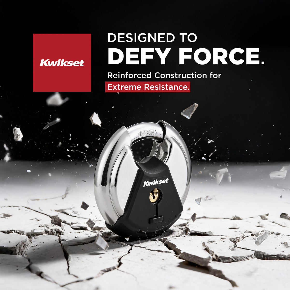 Kwikset Discus padlock has a reinforced body bumper for scratch resistance.