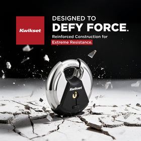 Kwikset Discus padlock has a reinforced body bumper for scratch resistance.