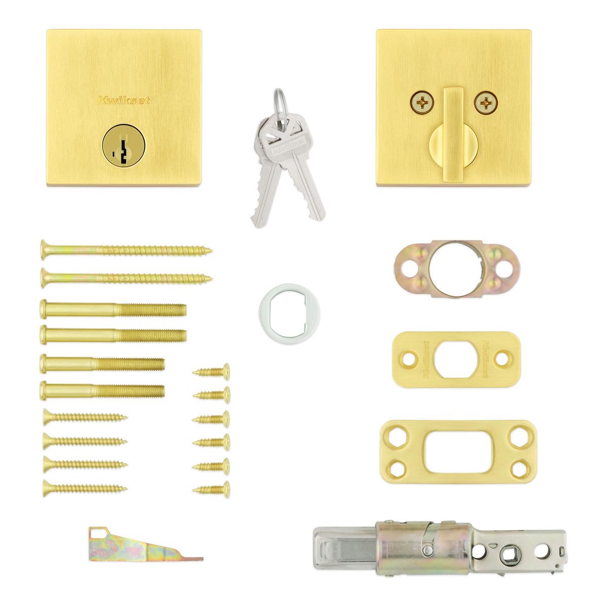 Kwikset Downtown deadbolt hardware kit for quick DIY installation.