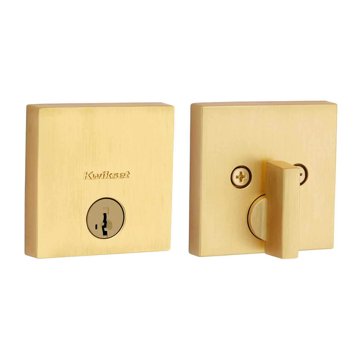 Kwikset Downtown deadbolt lock in satin brass for secure front entry.