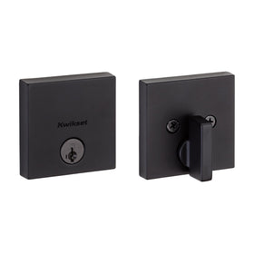 Kwikset Downtown matte black deadbolt—square exterior closeup for front doors.