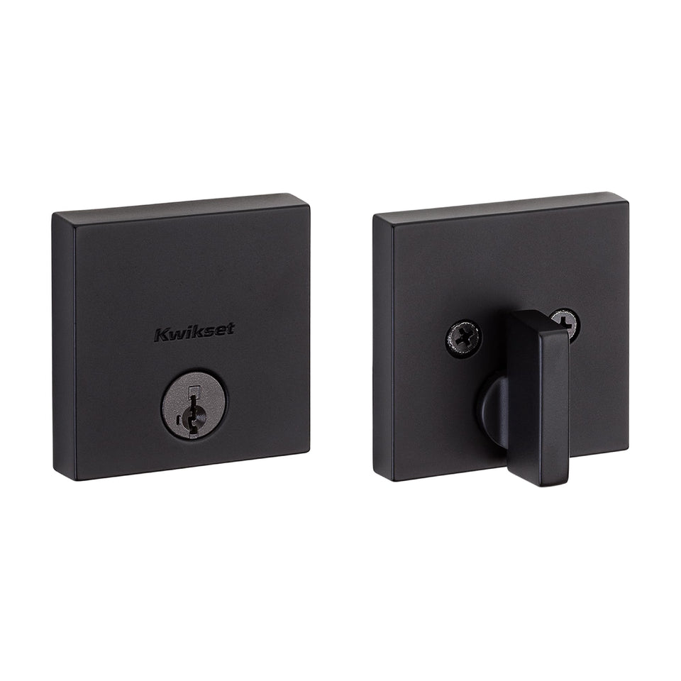 Kwikset Downtown matte black deadbolt—square exterior closeup for front doors.