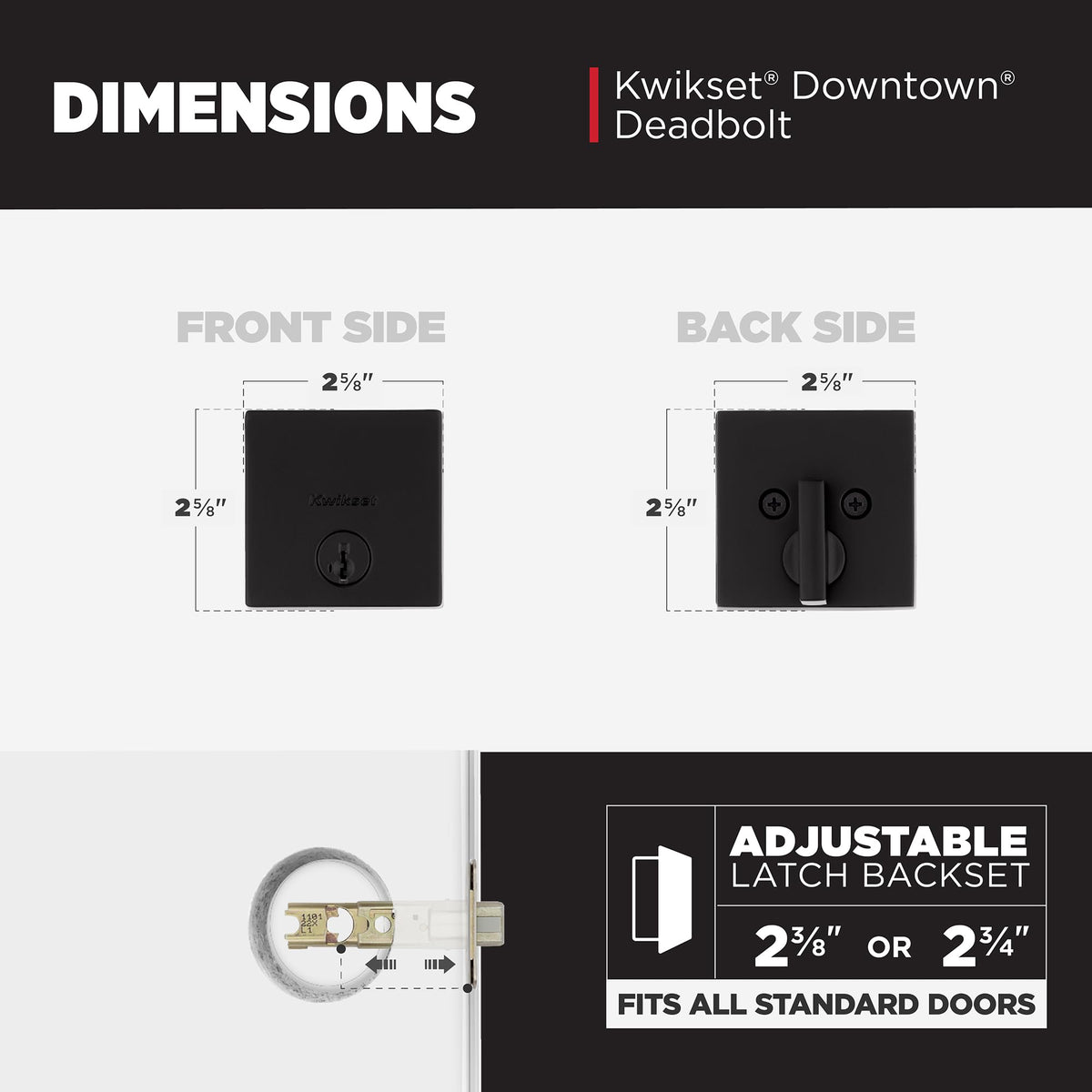 Exterior keyed deadbolt with adjustable latch for standard doors.