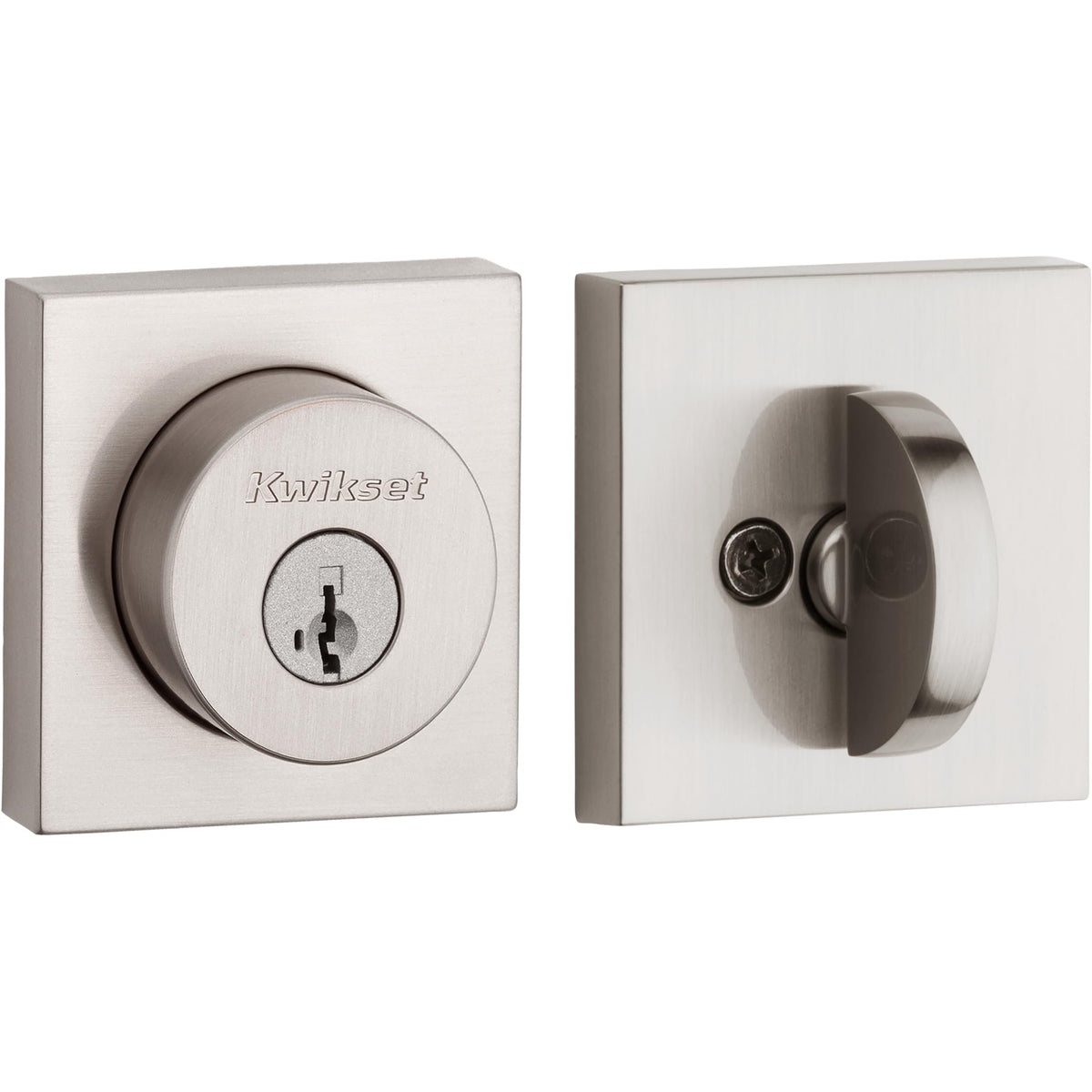 Kwikset Halifax deadbolt satin nickel front exterior view for secure entry