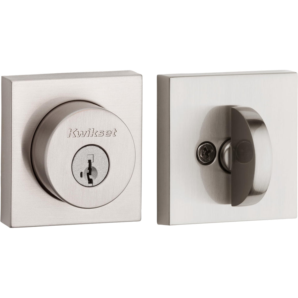 Kwikset Halifax deadbolt satin nickel front exterior view for secure entry
