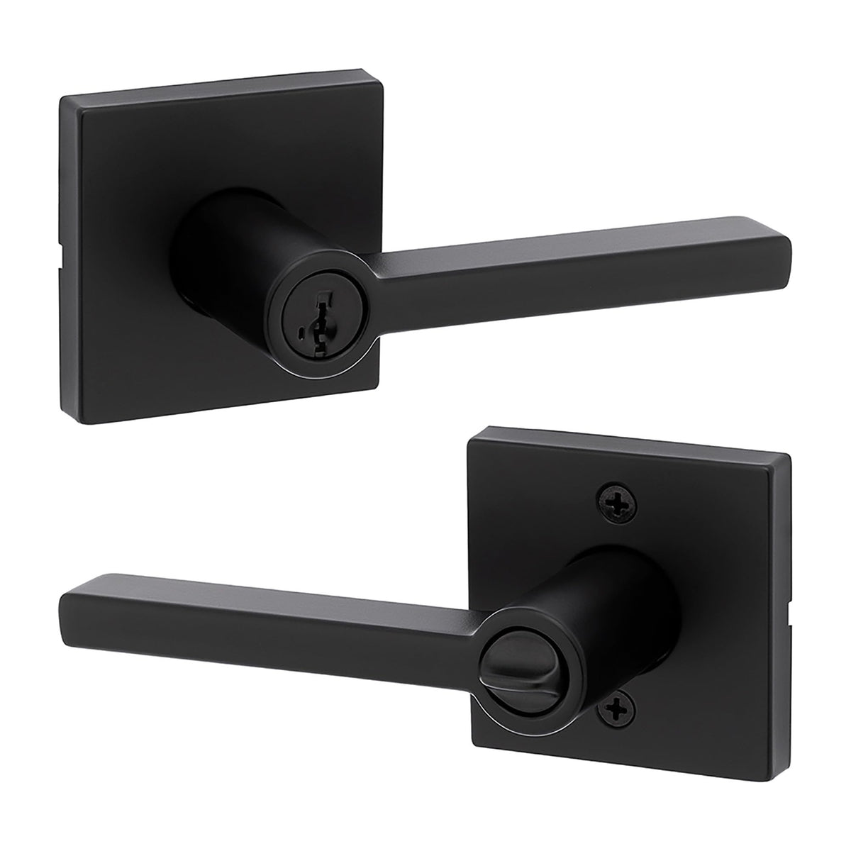 Kwikset Halifax entry handle front view in matte black for exterior security